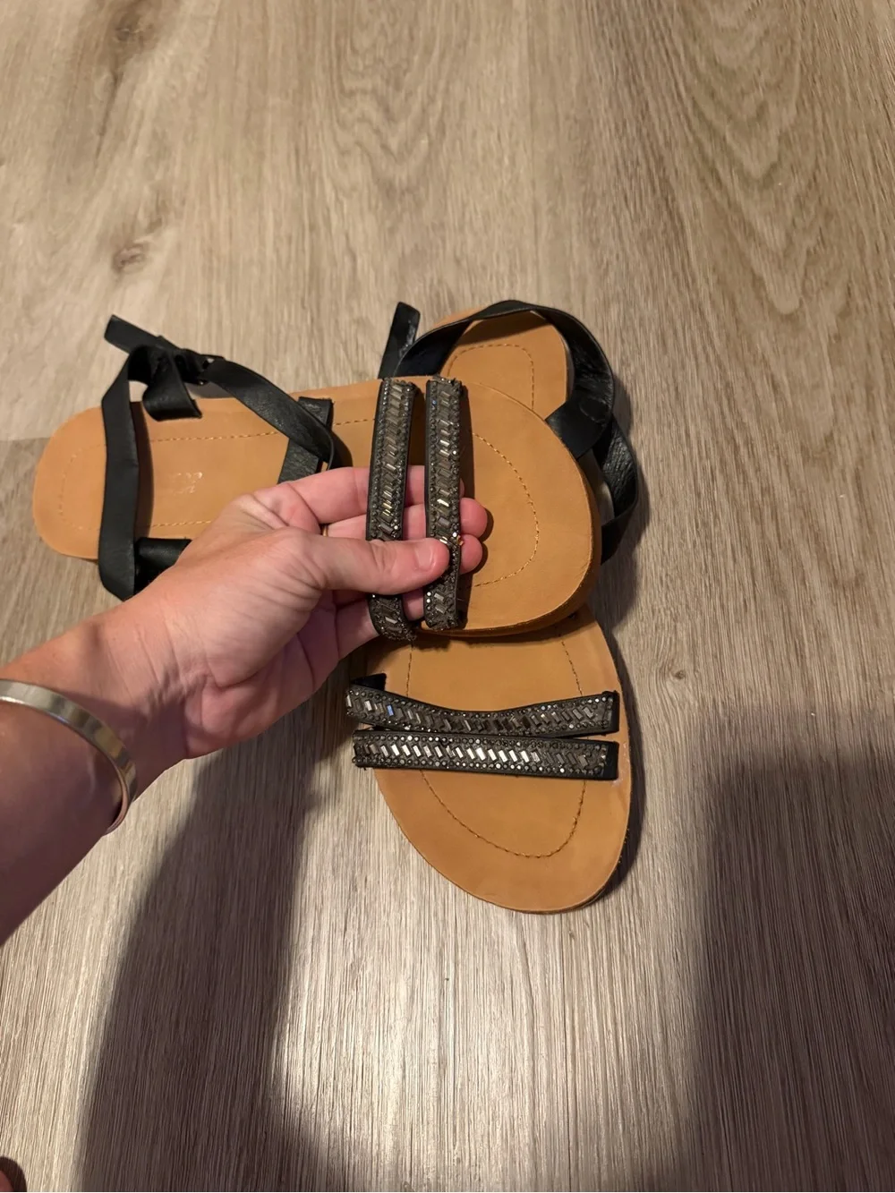 Women's Black Strappy Sandals with Tan Footbed